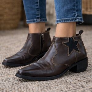 Tommy Hilfiger Cowgirl Star Brown Leather Patriotic Western Ankle Booties Sz 6M